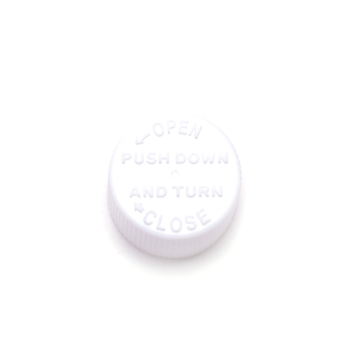 16mm Child-Resistant (CR) Cap for Tubes - White Ribbed w/ Text - Assorted Caps | General Bottle Supply