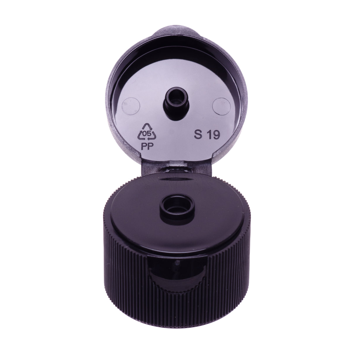 Hinged or Flip Top - Ribbed Cap with .250 Orifice and Heat Seal Liner for PET/HDPE - Black (28/410) - Dispensing Caps | General Bottle Supply