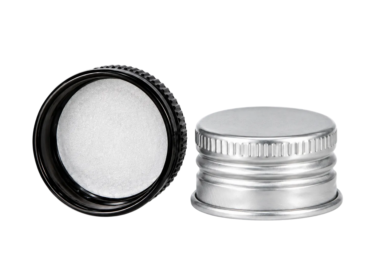 28MM BLACK ALUMINUM CAP WITH FOAM LINER - Assorted Caps | General Bottle Supply
