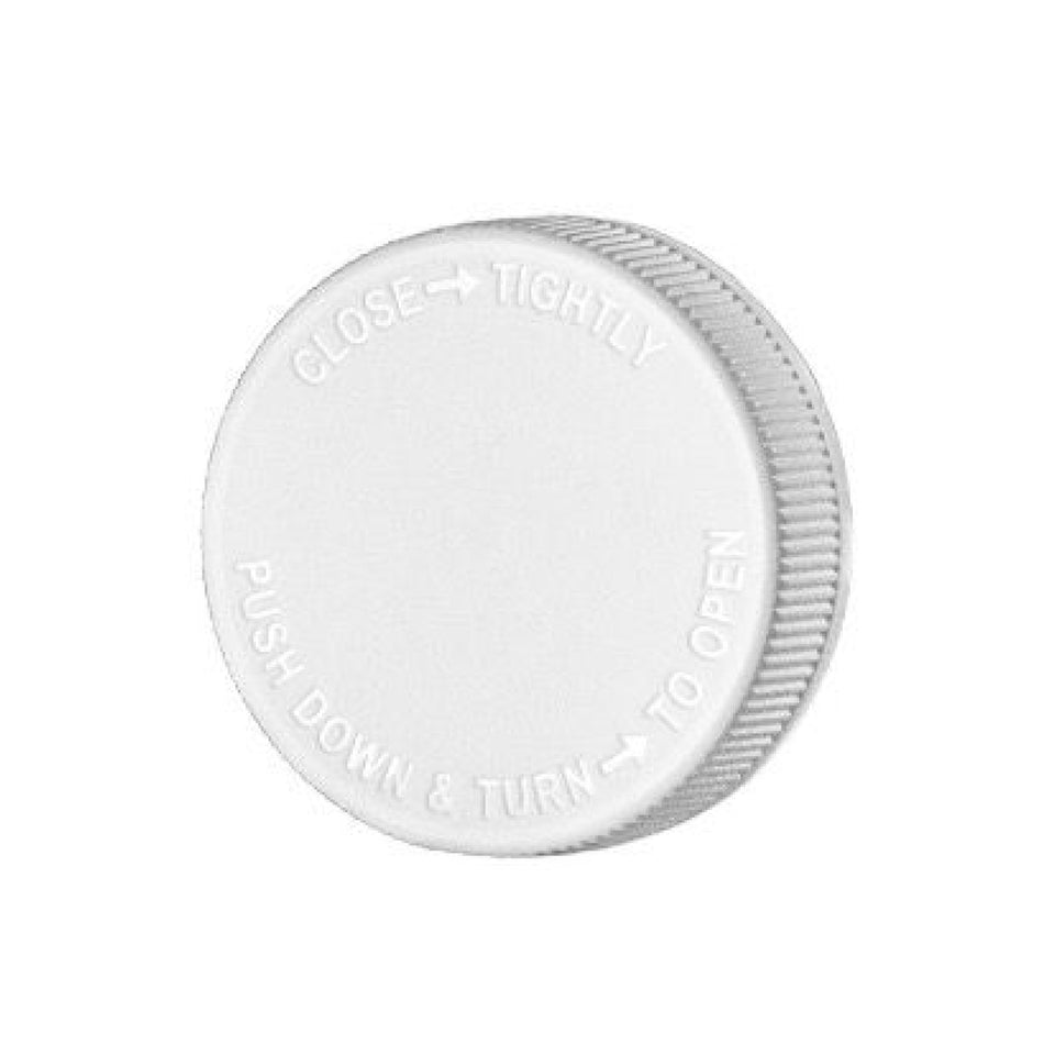 Child Resistant Caps with F217 Liner - White with Text Instructions (70/400) - Assorted Caps | General Bottle Supply